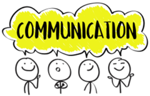 Four stick-figure people stand beneath a large yellow speech bubble that reads 'COMMUNICATION'.