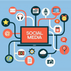 Laptop labeled 'Social Media' surrounded by colorful interconnected icons representing various social networks and tools.