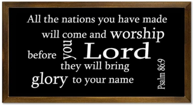 Chalkboard-style blackboard showing Psalm 86:9 text about all nations worshiping the Lord and bringing glory to His name