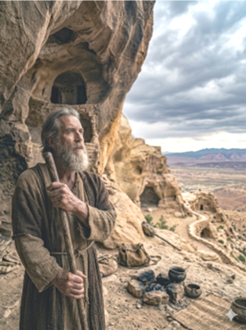 Older man with gray beard in brown robe holds a wooden staff at the entrance of a carved desert cave, with a winding path and pots nearby.