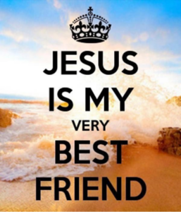 Religious message: 'Jesus is my very best friend' with a crown graphic over a beach scene background