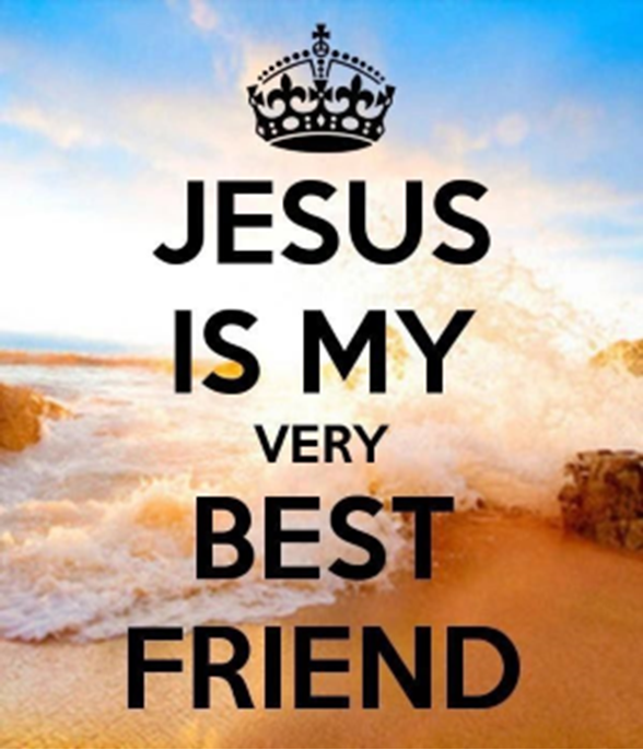 Religious message: 'Jesus is my very best friend' with a crown graphic over a beach scene background