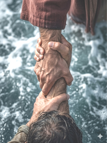 Two people grip each other's forearms in a firm, upward hold over foamy water, conveying teamwork and support.