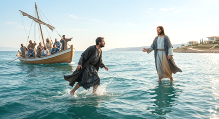 Jesus reaches out to Peter as they walk on water; a boatful of disciples sits nearby.