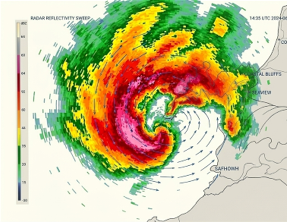 Hurricane eye approaching the coast with multicolored radar reflectivity, red/purple core indicating high intensity near the shoreline.