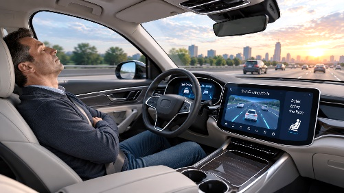 Man resting in the driver's seat of a modern car, with large touchscreen displays and a cityscape outside the windshield.