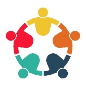 Five colorful abstract figures form a circle, holding hands to symbolize teamwork and collaboration.