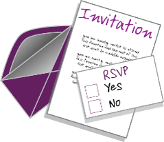 Purple and gray invitation set with an RSVP card showing Yes/No checkboxes in view.