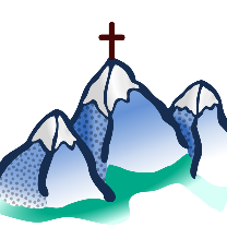 Snow-capped mountain range with a red cross on the highest peak amid blue slopes and green valley,”,
