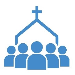 Blue icon of a church with a cross on top and a group of people gathered in front, representing a church community.
